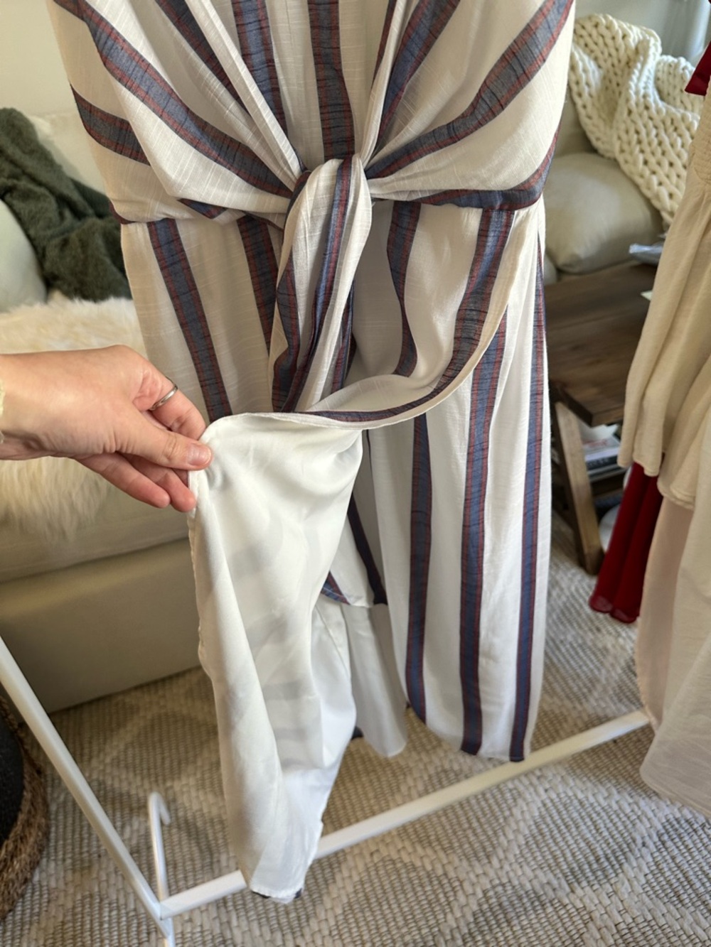 Banana Republic White and Navy Striped Midi Dress with Front Tie 0 - Picture 5 of 10